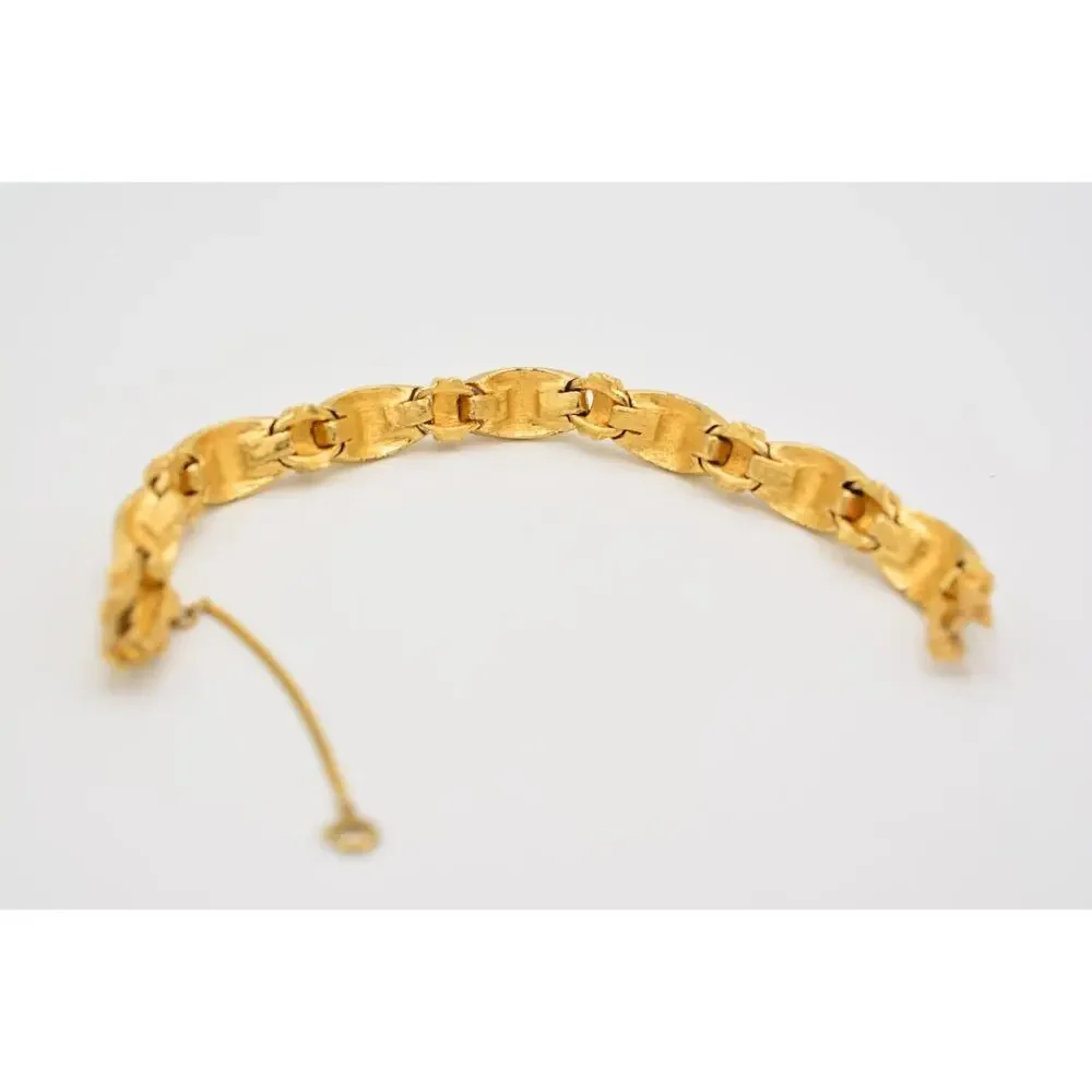 Vintage Linked Bracelet Brushed Gold Tone Pearl Inlay Chunky Heavy 1980s Bin5